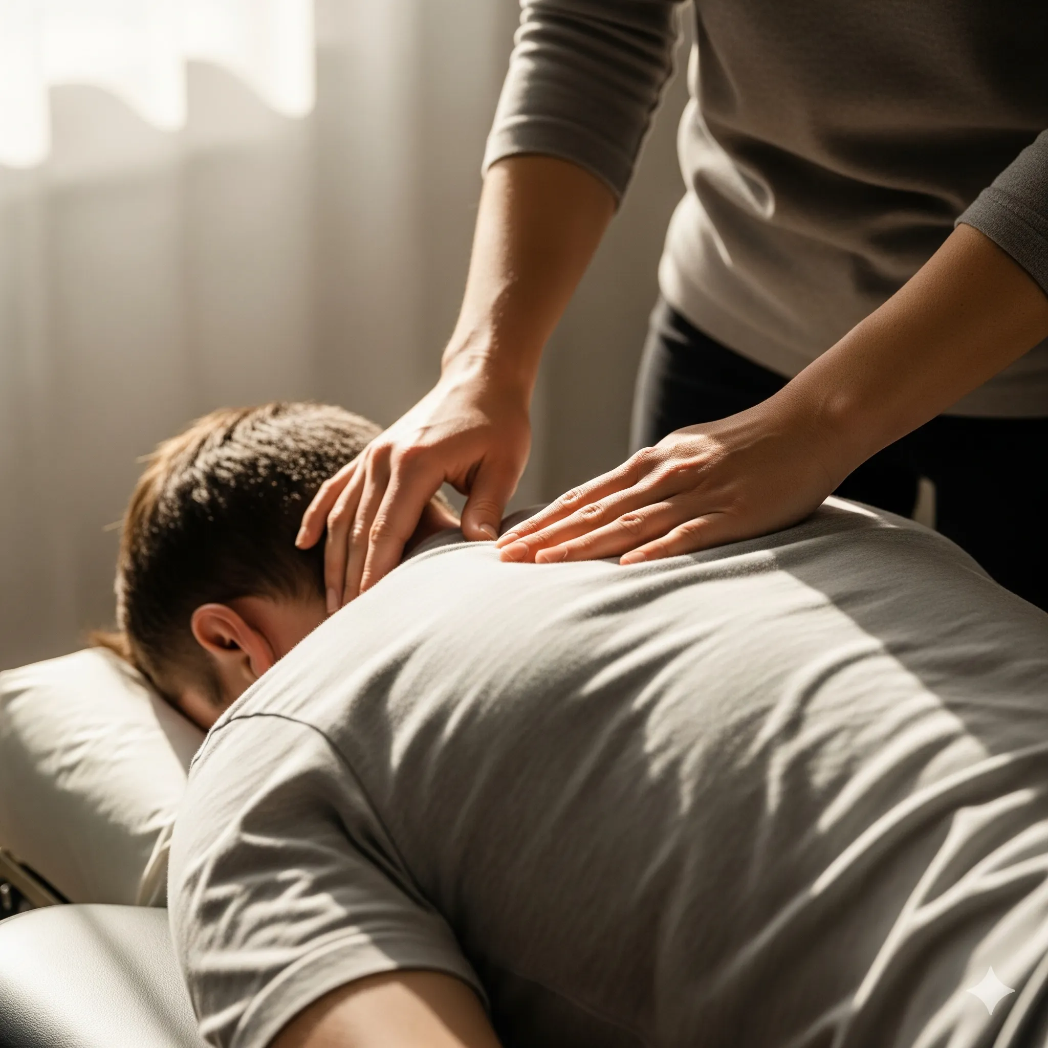 Chiropractor performing a gentle spinal adjustment on a patient
