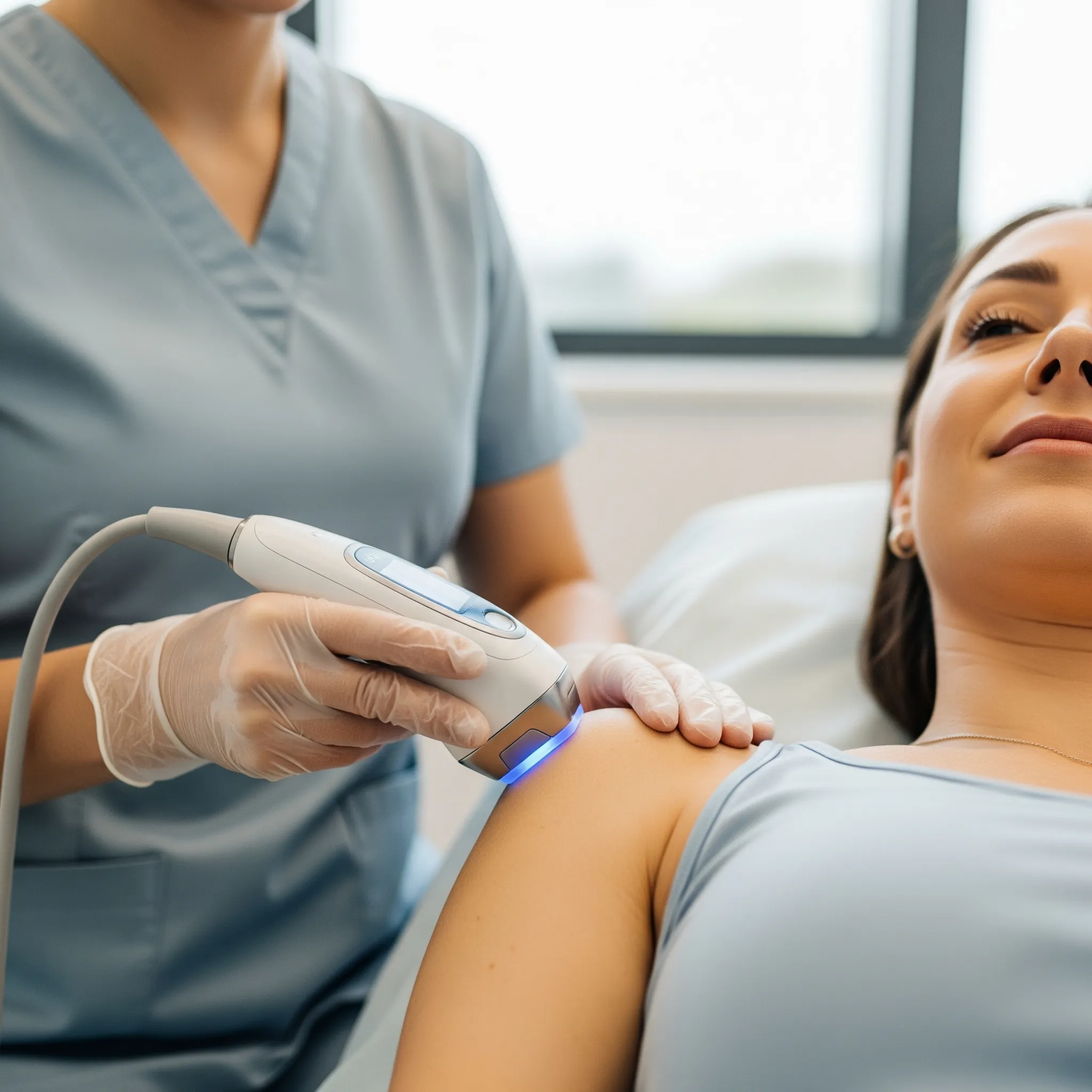 Cold laser therapy device being applied to a patient's joint