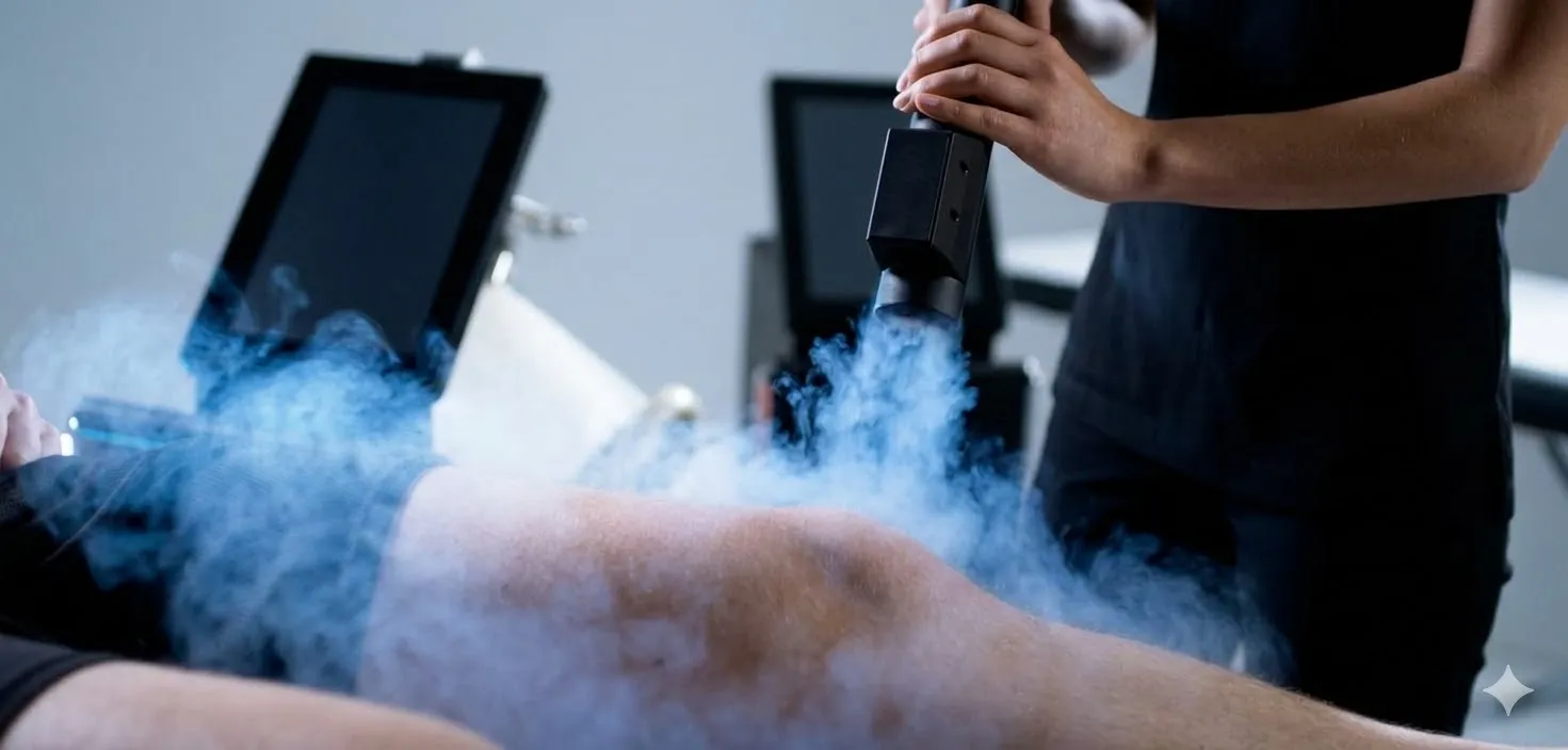 Localized cryotherapy vapor being applied to a patient's joint
