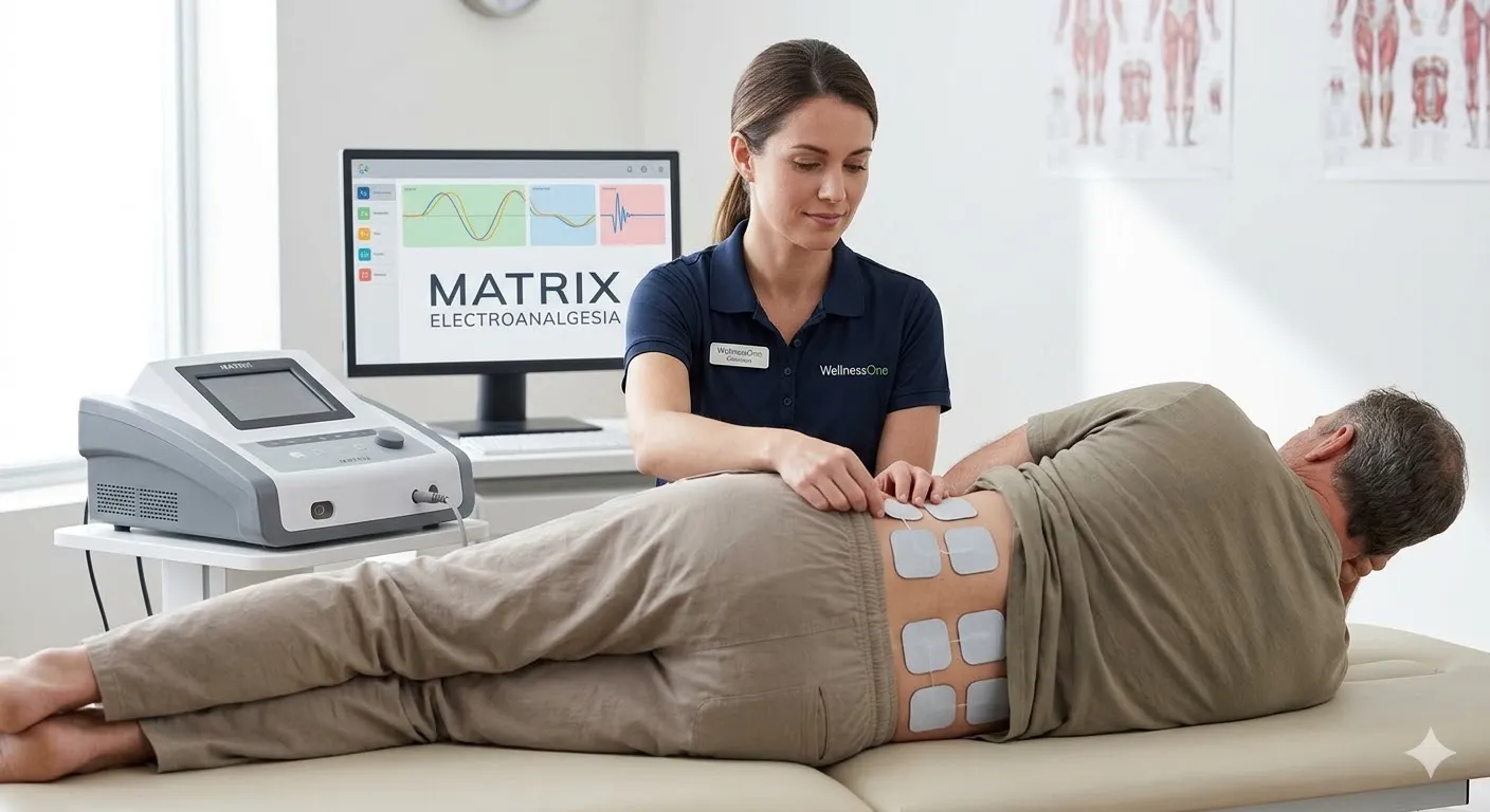 Matrix Electroanalgesia electrodes applied during a treatment session
