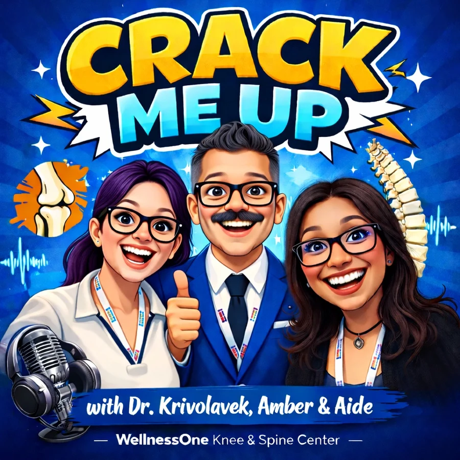 Crack Me Up podcast cover art with Dr. Krivolavek, Amber, and Aide